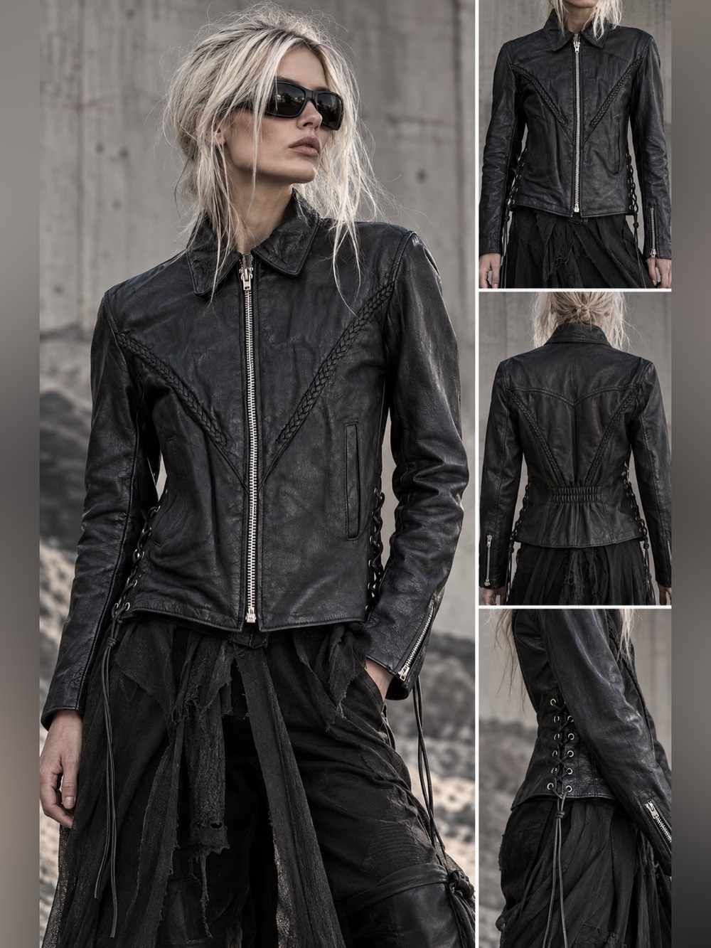 Interstate Leather Black Genuine Leather Moto Jacket Lace Up Braided Women’s S